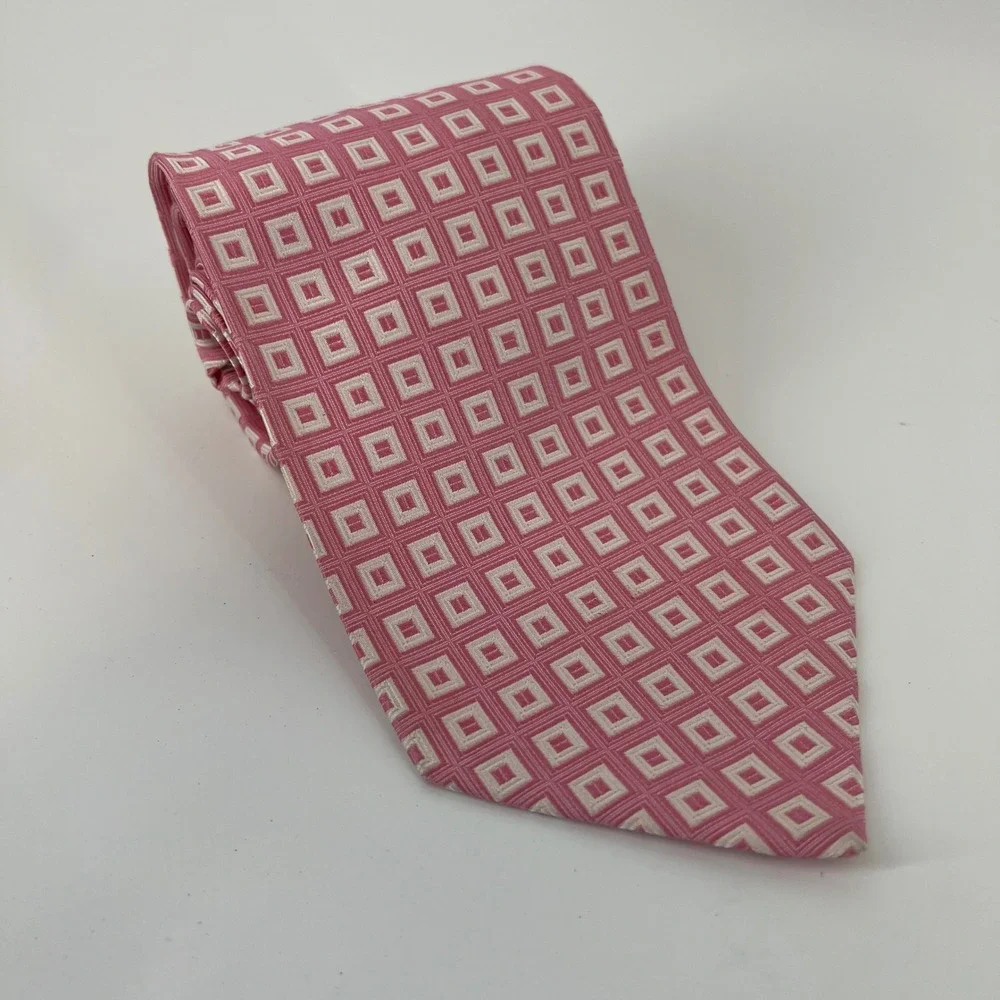 Brooks Brothers Makers Pink White Geometric Square Silk Tie Made in USA Italy